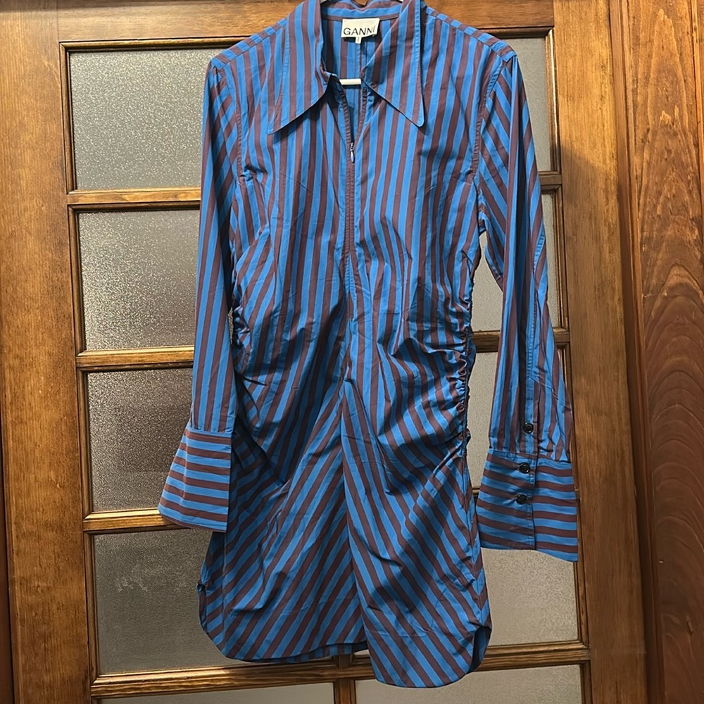 Ganni striped blue zipper mini dress